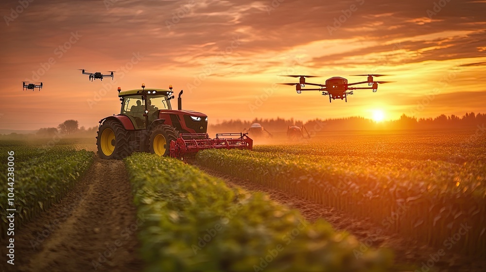 Tractor working a field with drones. The image showcases the growing use of drones in agriculture, from crop monitoring to precision farming. Tractor working a field with drones. The image showcases the growing use of drones in agriculture, from crop monitoring to precision farming.