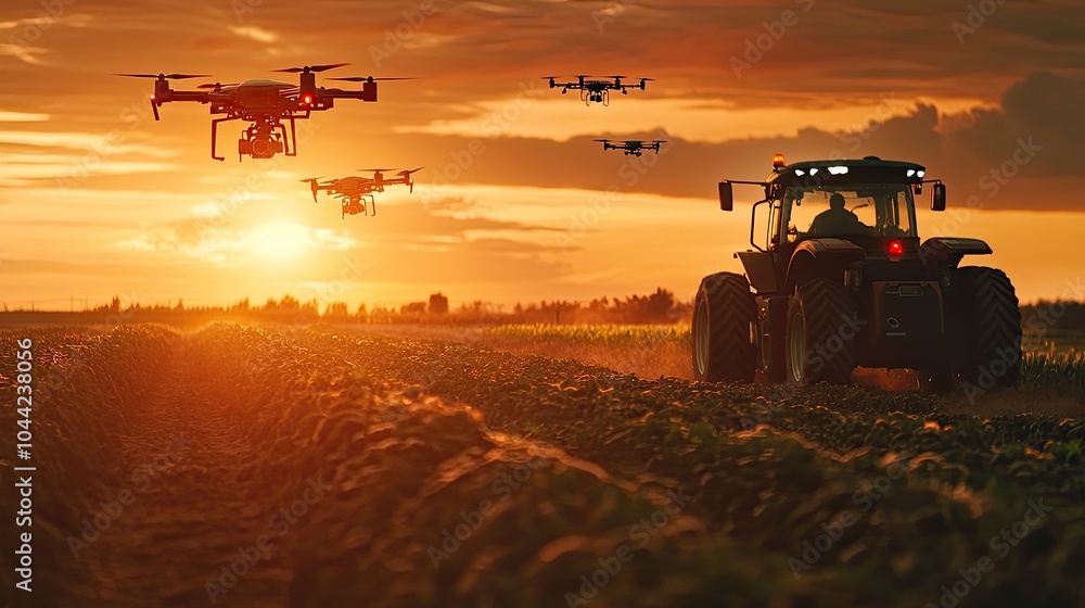 Fototapeta premium Tractor in a field with multiple drones. Illustrates modern farming techniques and automation.