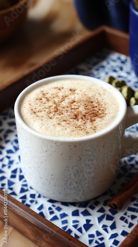 Creamy Cinnamon Cappuccino in White Ceramic Mug on Blue Mosaic Tray with Wooden Edges and Decorative Accents for Cozy Coffee Lovers in a Relaxed Morning Setting