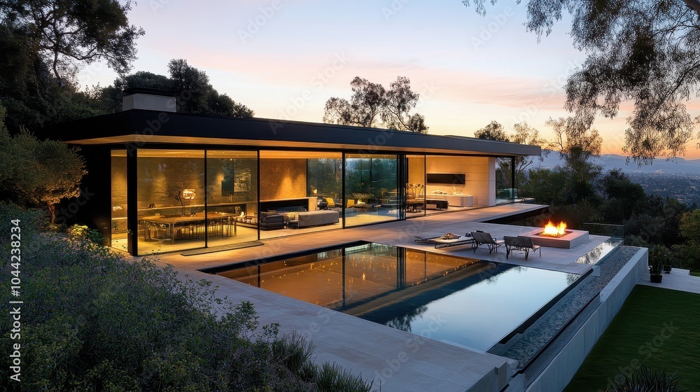 Fototapeta premium Modern Home with Pool at Sunset