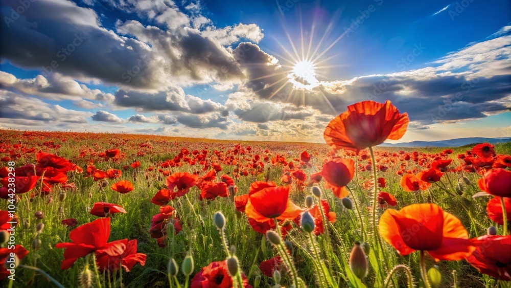 Fototapeta premium Stunning Panoramic View of a Vibrant Poppy Flower Field in Full Bloom
