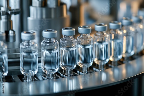 Bottles on a conveyor belt in a factory. This photo depicts a production line for pharmaceutical products.