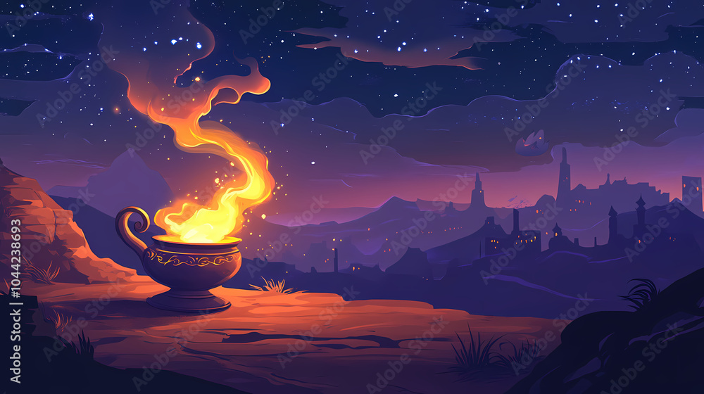 Aladdins mysterious lamp with glowing fire and smoke on magical night ...