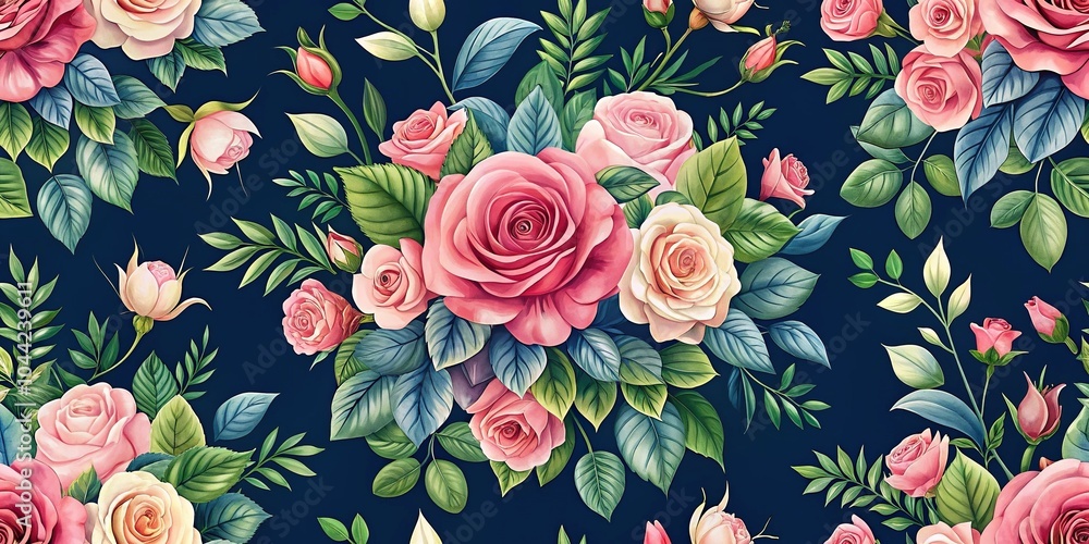 Fototapeta seamless floral background with pink roses and green leaves on navy blue background