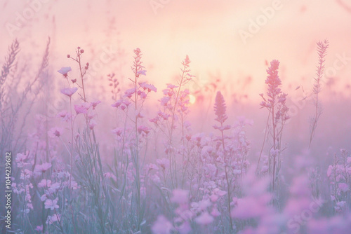 A field of vibrant flowers under a setting sun.