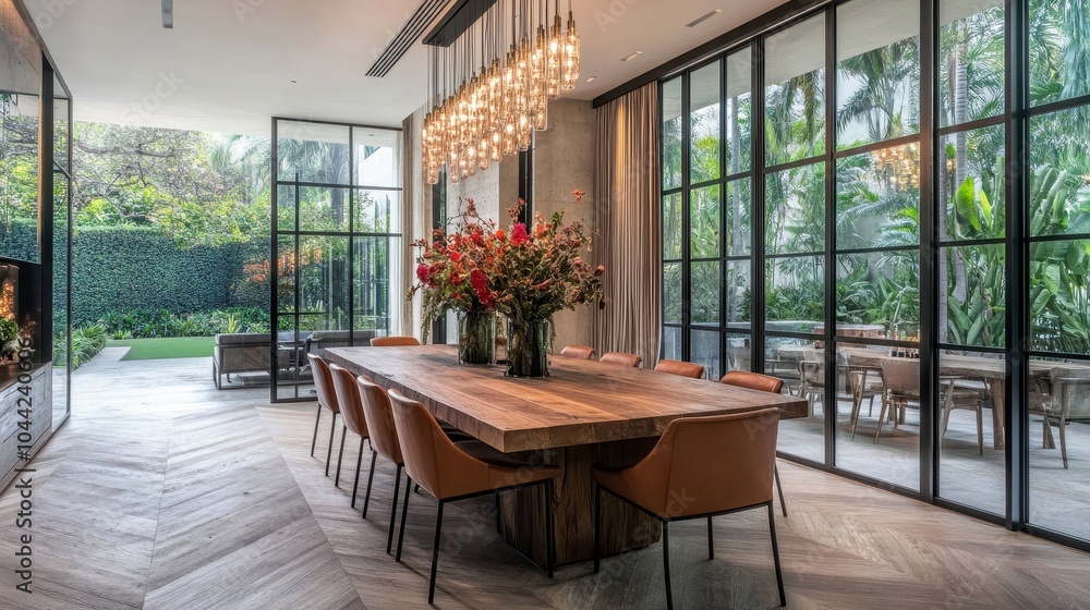 Fototapeta premium Modern Dining Area with Elegant Lighting and Greenery