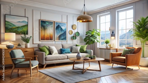 Wallpaper Mural Stylish Scandinavian Apartment Living Room with Wooden Furniture and Abstract Art Torontodigital.ca