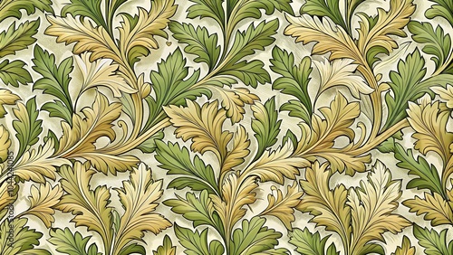 Seamless floral pattern featuring acanthus leaves and foliage in a medieval style painting, perfect for vintage floral wallpapers photo