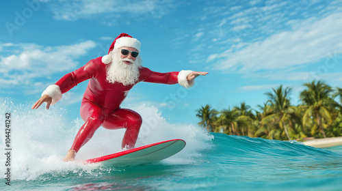 Santa Claus surfing in paradise: festive fun on tropical waves with palm trees