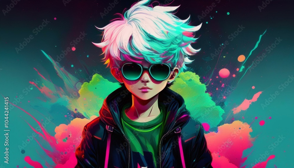 A smart, thin anime boy in a soft black jacket and sunglasses, featuring green and red highlights. A smart, thin anime boy in a soft black jacket and sunglasses, featuring green and red highlights.