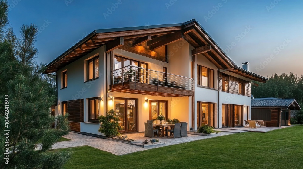 Fototapeta premium Modern two-story house with outdoor seating and landscaped yard at dusk.