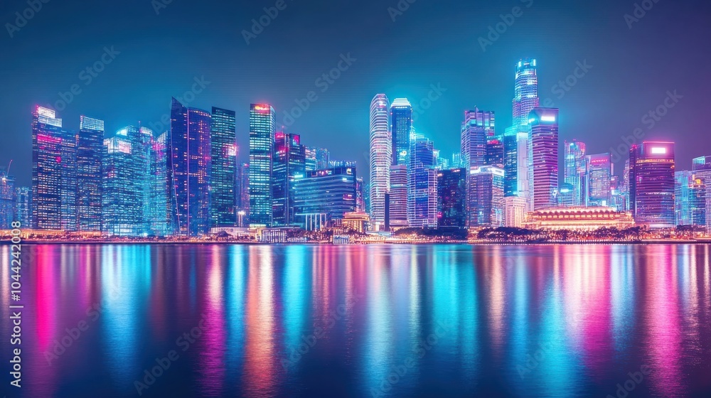 Obraz premium A vibrant city skyline at night, showcasing colorful lights reflecting on water.