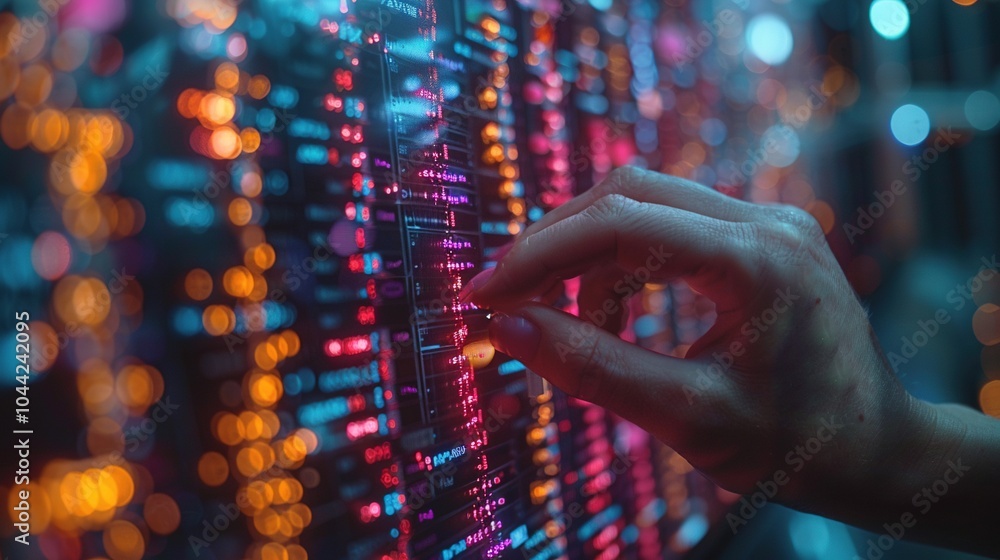 A hand adjusting controls on a vibrant, illuminated data panel. A hand adjusting controls on a vibrant, illuminated data panel.