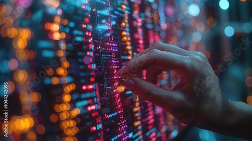 A hand adjusting controls on a vibrant, illuminated data panel.