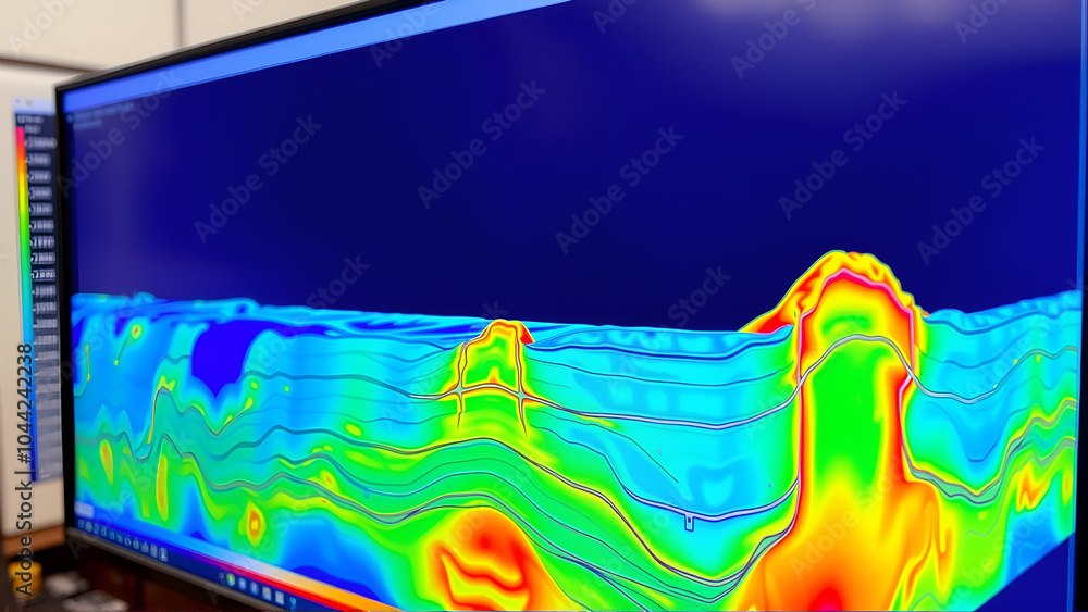 Colorful 3D visualization of seismic data waves on a computer screen ...