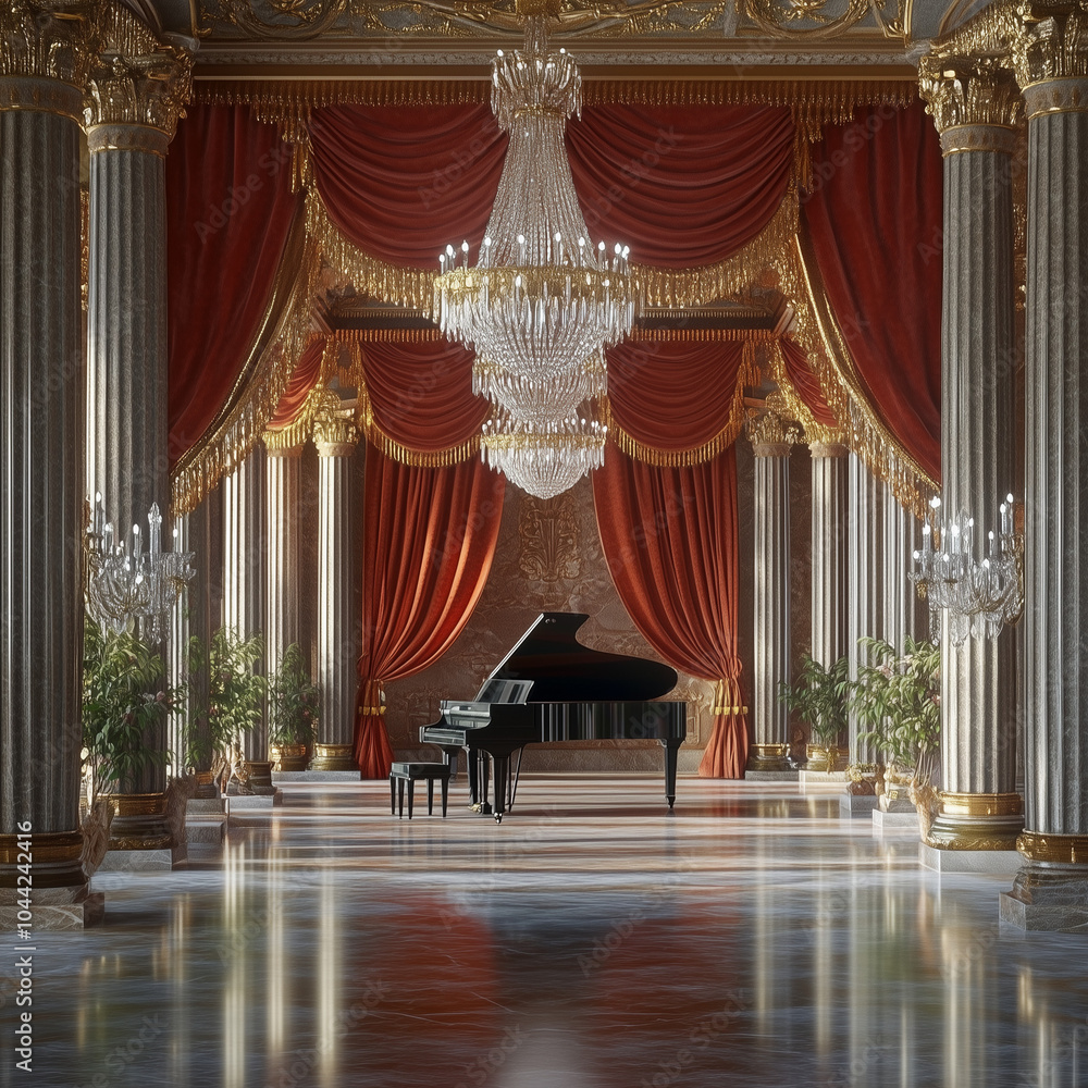 Opulent Ballroom with Marble Pillars and Velvet Drapes for Grand Occasions Opulent Ballroom with Marble Pillars and Velvet Drapes for Grand Occasions
