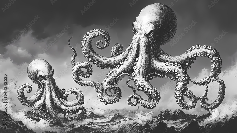 Black and white drawing of a giant octopus with eight writhing ...