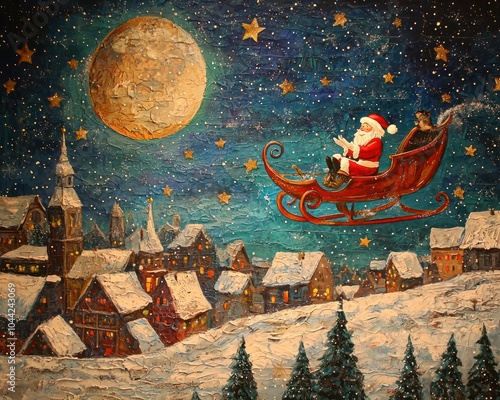 Santaa??s sleigh flying across a starry sky, passing by a full moon and snow-covered rooftops photo