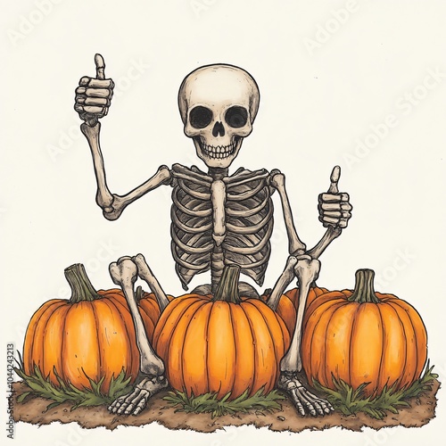 Cheerful Skeleton Giving Thumbs Up in Pumpkin Patch