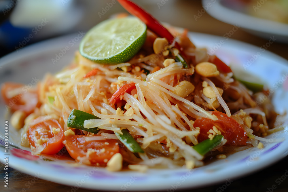 Refreshing Som Tum papaya salad with shredded green papaya, tomatoes, peanuts, and spicy lime dressing Refreshing Som Tum papaya salad with shredded green papaya, tomatoes, peanuts, and spicy lime dressing