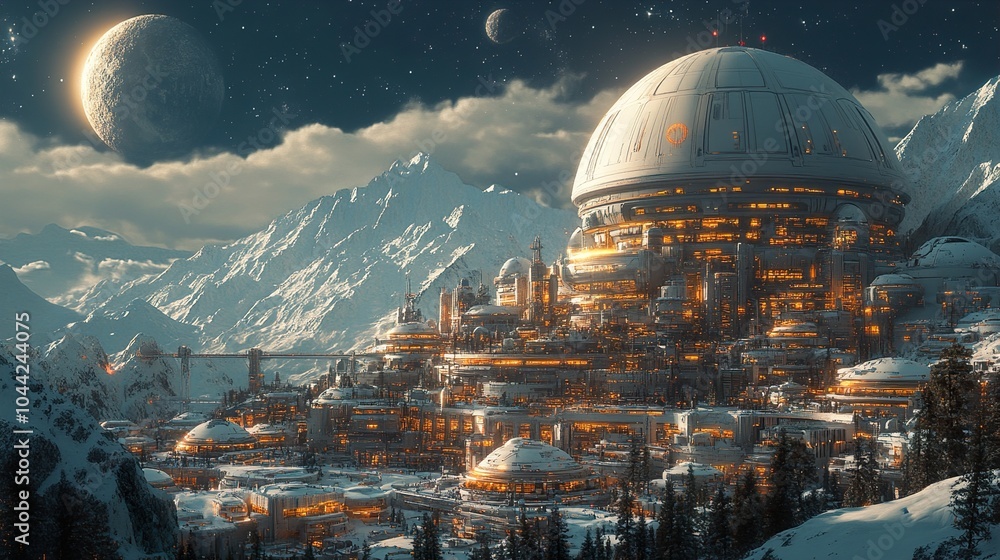 Obraz premium Futuristic Cityscape with Snowy Mountains and Glowing Lights