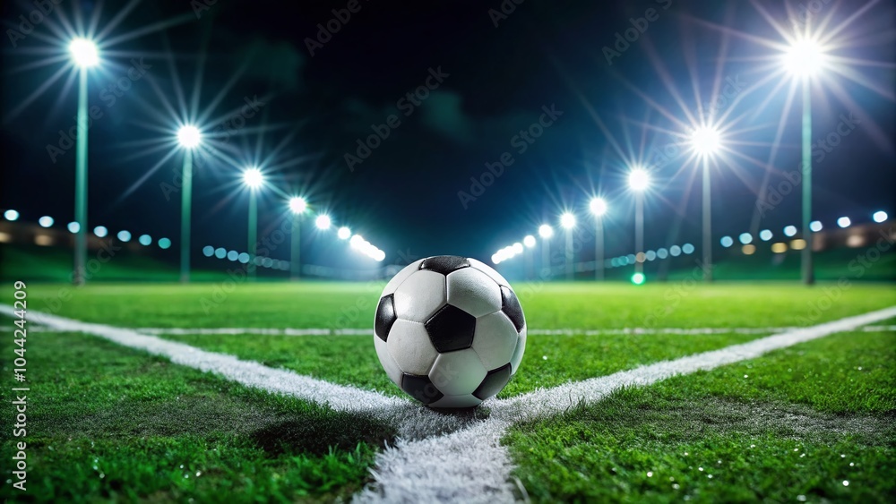 Obraz premium Surreal Soccer Scene with Ball on Field and Penalty Line, Capturing the Anticipation of an Athlete's Kick in