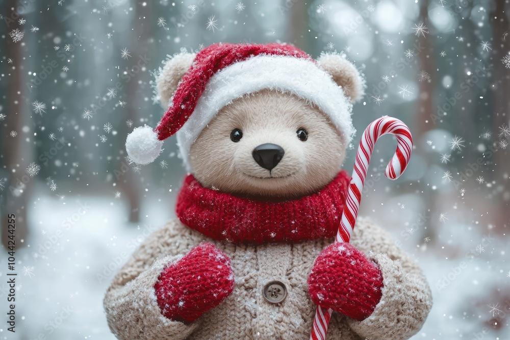 Festive Christmas bear with a red scarf and mittens, holding a candy cane in a snowy forest Festive Christmas bear with a red scarf and mittens, holding a candy cane in a snowy forest