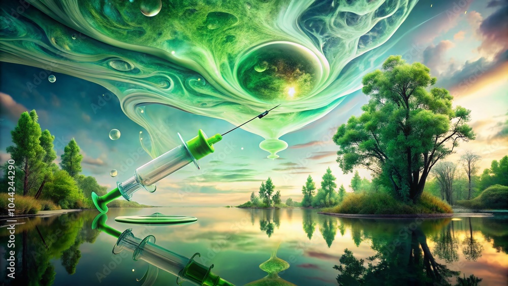 Obraz premium Surreal Syringe with Green Liquid in a Dreamlike Landscape