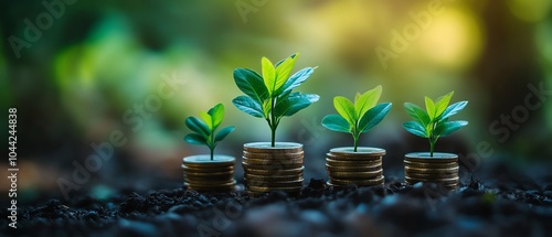 Dynamic scene of green plants growing out of a stack of coins, symbolizing the intersection of sustainability and profitable investing photo