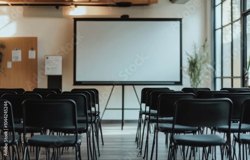 Modern Minimalistic Conference Room with Empty Whiteboard and Audience Seating