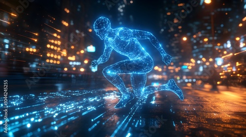 Cybernetic runner in motion, blue wireframe hologram effect, glowing from within, high-tech urban setting, surrounded by virtual data streams