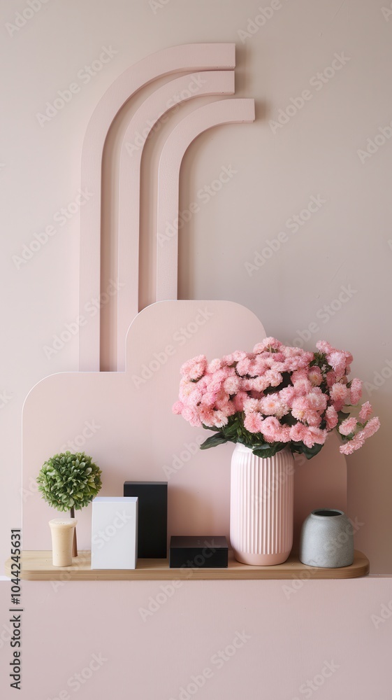 Fototapeta premium Geometric-patterned pink wall with a decorative shelf and floral arrangements