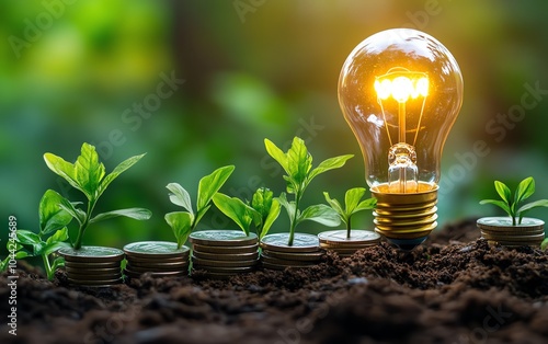 Intriguing scene of a light bulb illuminating plants and coins, emphasizing ecofriendly modern solutions and the importance of green energy photo