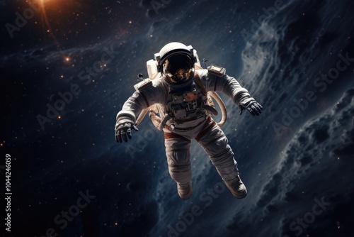 Astronaut floating outside a spaceship in outer space. Man in protective helmet and suit. Cosmos discovering. Science fiction, space travel and exploration concept. World Space Week. Sci-fi background