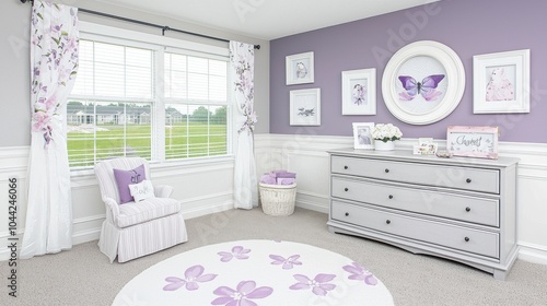 Elegant Lavender Floral Bedroom with Plush Furnishings and Cozy Decor