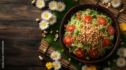 Fresh Green Salad with Cherry Tomatoes and Crunchy Peanuts on Wooden Table with Daisies - Healthy, Organic, Nutritious Meal, Perfect for Vegan, Vegetarian Diet