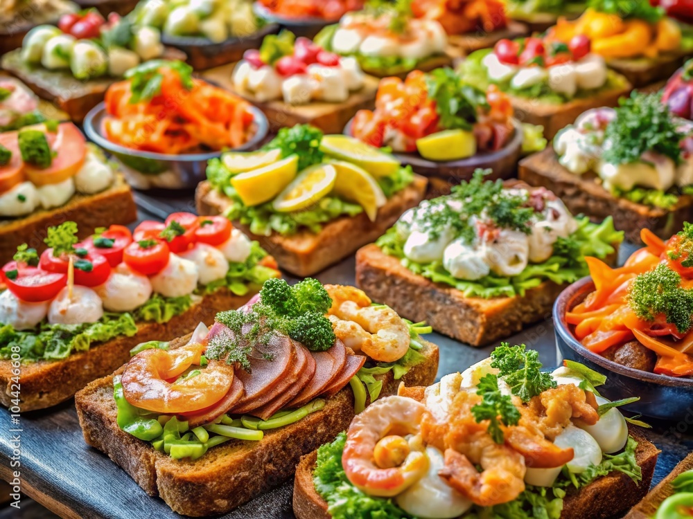 Traditional Danish Smorrebrod with Shrimps at Street Market - Scandinavian Snack Delights Traditional Danish Smorrebrod with Shrimps at Street Market - Scandinavian Snack Delights