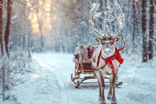 Festive reindeer with silver antlers and a red bow, pulling a sleigh through a snowy forest