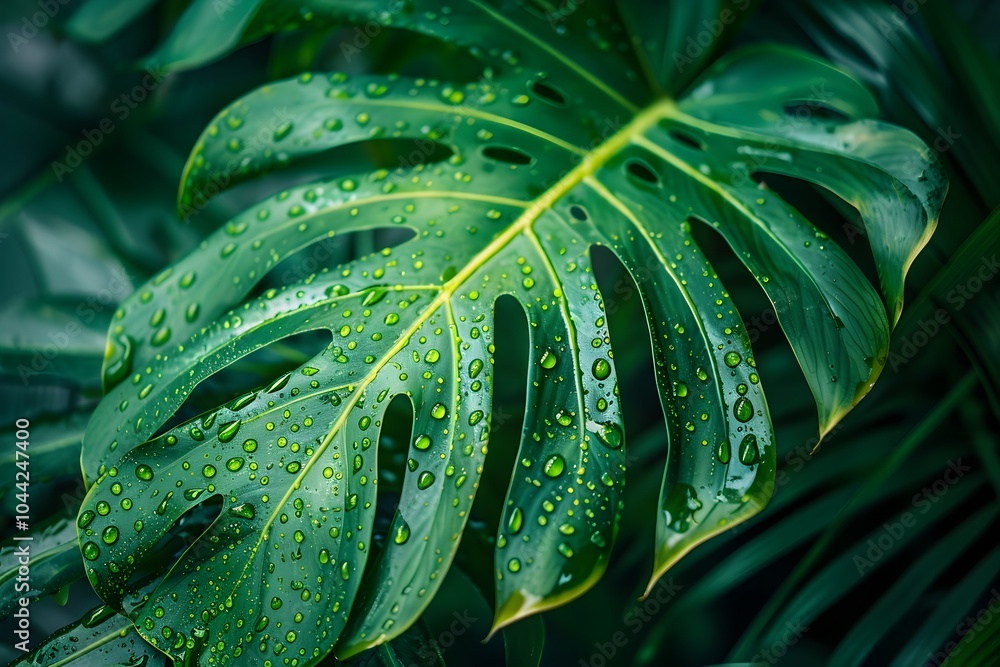 Fototapeta premium A green leaf with water droplets on it