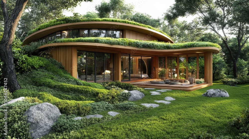 Fototapeta premium Modern Eco-Friendly House Surrounded by Lush Nature