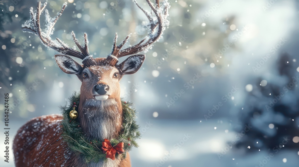 Fototapeta premium Elegant Christmas deer with a wreath around its neck and a bell, standing in a snowy clearing