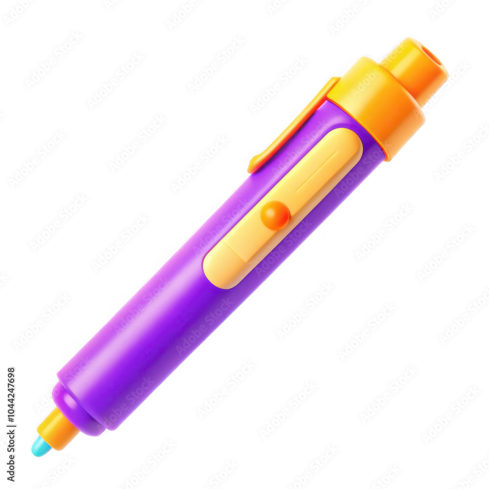 A vibrant 3D model of a purple pen with an orange cap. The pen features a unique design with detailed highlights and a clickable button. A vibrant 3D model of a purple pen with an orange cap. The pen features a unique design with detailed highlights and a clickable button.