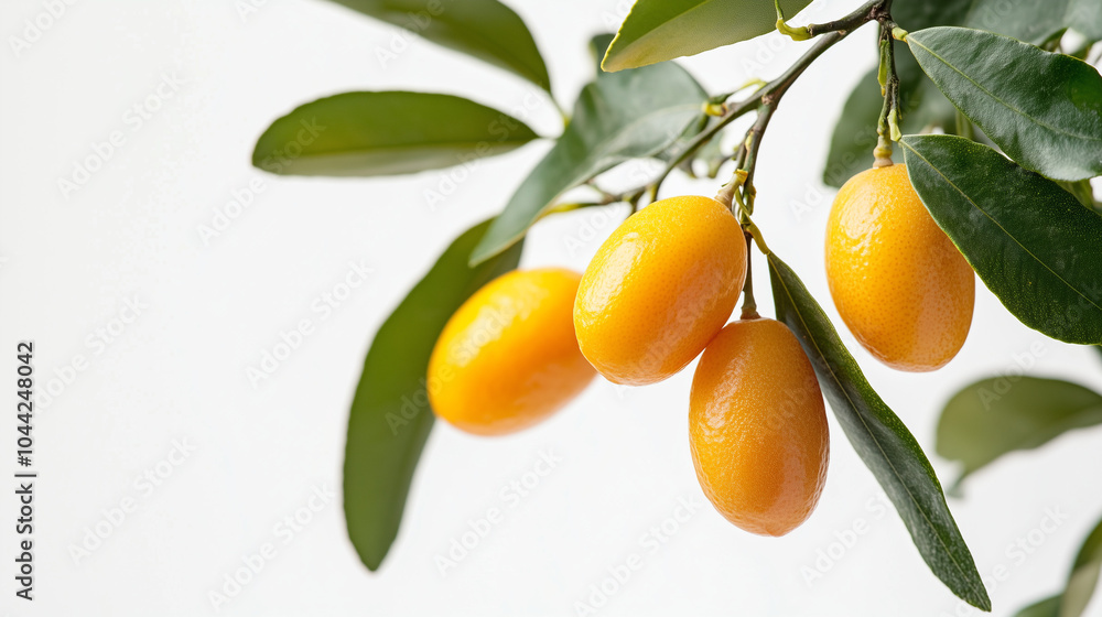 Obraz premium Branch of ripe kumquats hanging with green leaves on white background