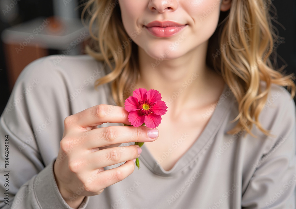 Woman holding pink flower with gentle smile Woman holding pink flower with gentle smile