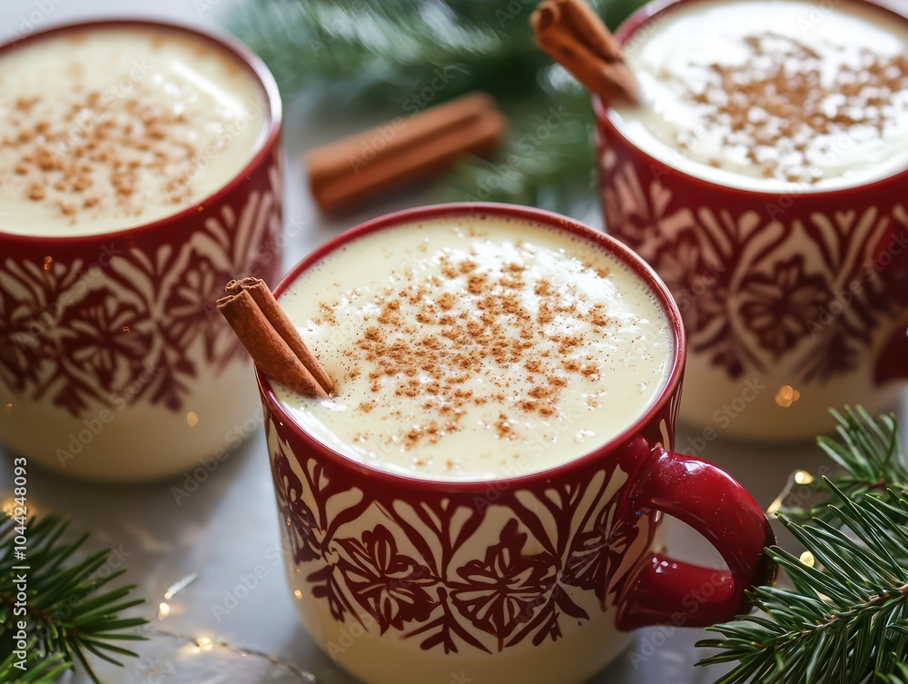Christmas eggnog served in festive mugs, with nutmeg and cinnamon dusted on top Christmas eggnog served in festive mugs, with nutmeg and cinnamon dusted on top