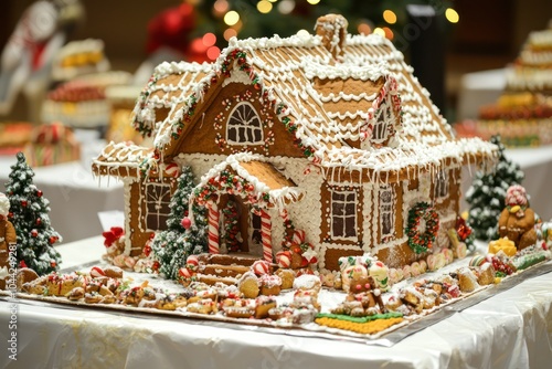 A gingerbread house competition with elaborate Christmas-themed gingerbread creations on display