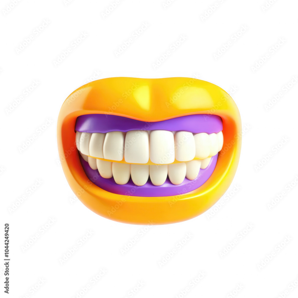 Fototapeta premium A vibrant, cartoonish mouth with bright yellow outer lips and white teeth, set against a black background, showcasing a joyful expression.