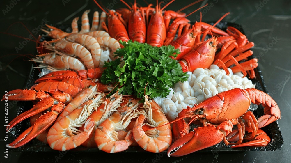 A Platter of Freshly Cooked Lobster, Shrimp, and Scallops A Platter of Freshly Cooked Lobster, Shrimp, and Scallops