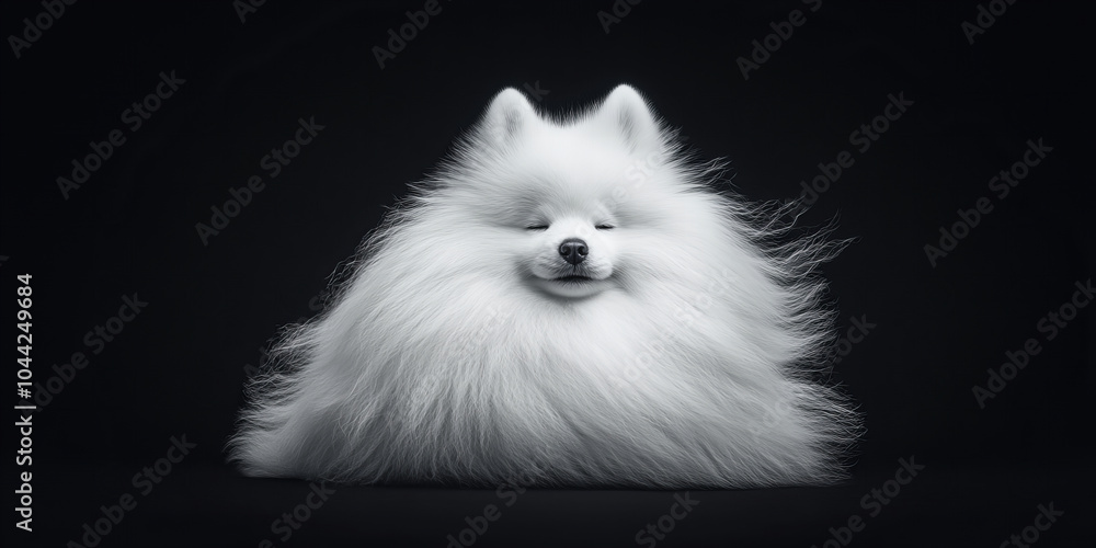 Fototapeta premium Banner with fluffy white dog posing serene calm dark background showcasing perfect fur calm peaceful scene