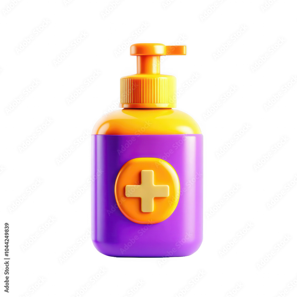 A vibrant 3D rendered bottle with a pump top, featuring a yellow cap and a medical cross design, ideal for medicine or healthcare use. A vibrant 3D rendered bottle with a pump top, featuring a yellow cap and a medical cross design, ideal for medicine or healthcare use.